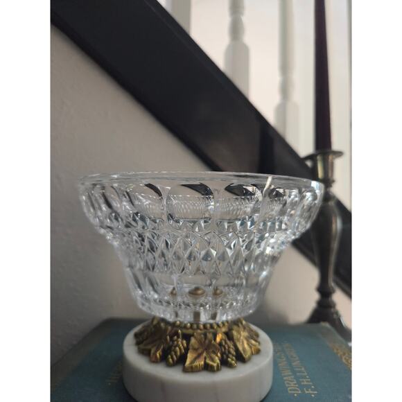 Vintage Cut Crystal Bowl on Marble Pedestal Base with Brass Grapevine Trim 5" - Picture 4 of 7